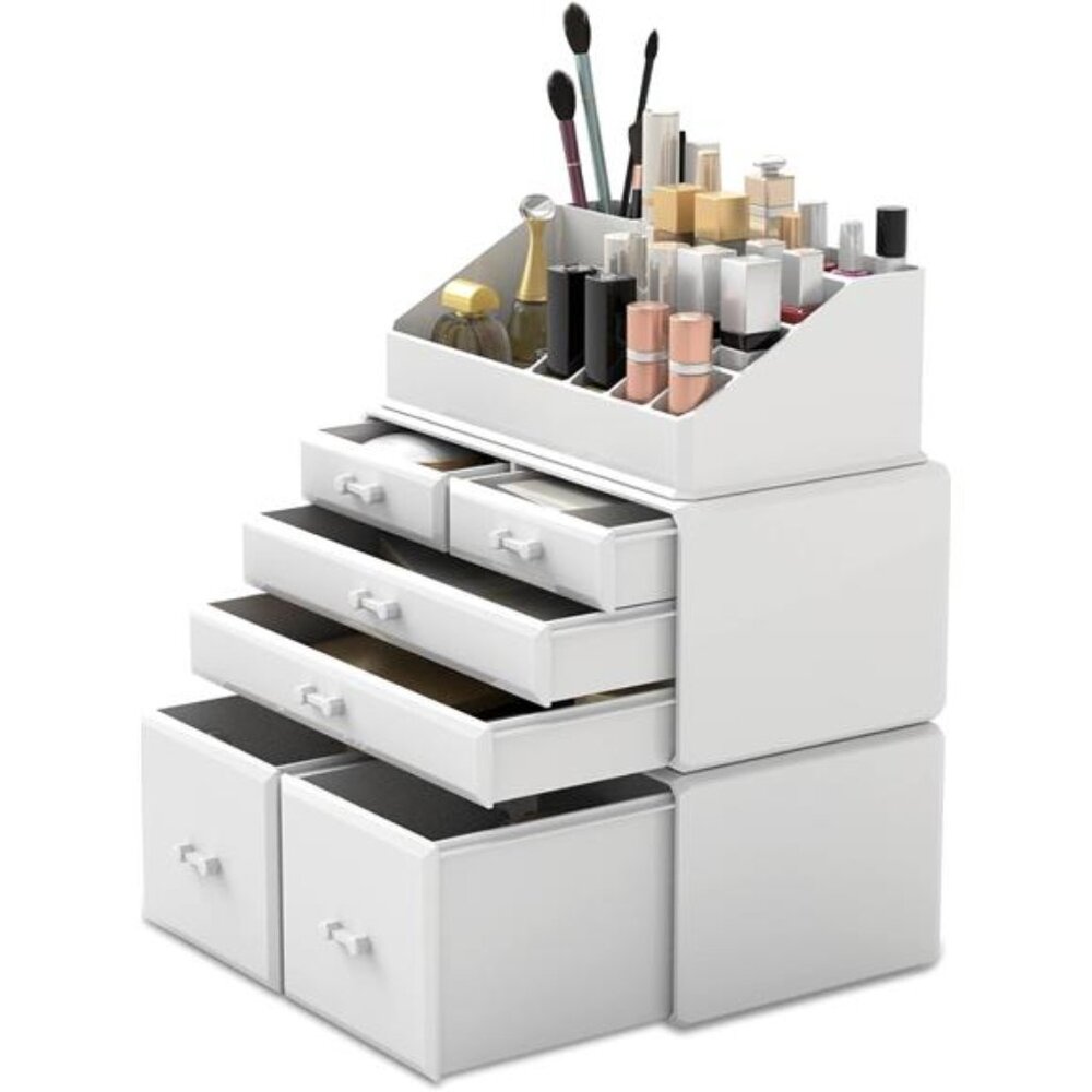 Makeup Organizer 3 Pieces Cosmetic Storage Case with 6 Drawers (White)